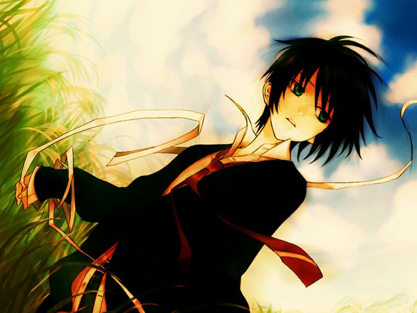 Anime picture 1024x768 with nabari no ou j.c. staff rokujou miharu short hair open mouth black hair green eyes sky cloud (clouds) looking back wind boy plant (plants) jacket grass