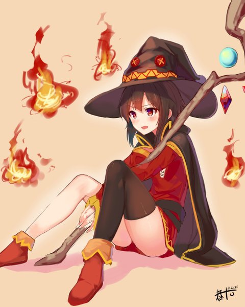 Anime picture 1000x1250 with kono subarashii sekai ni shukufuku wo! studio deen megumin ato (haru ato) single tall image blush fringe short hair open mouth light erotic black hair red eyes girl thighhighs dress hat witch hat staff single thighhigh