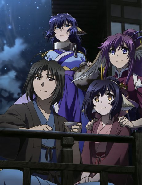 Anime picture 3141x4083 with utawareru mono utawareru mono: itsuwari no kamen white fox kuon (utawareru mono) karura haku (utawarerumono) touka (utawarerumono) long hair tall image highres short hair blue eyes black hair smile multiple girls brown eyes yellow eyes blue hair absurdres purple hair