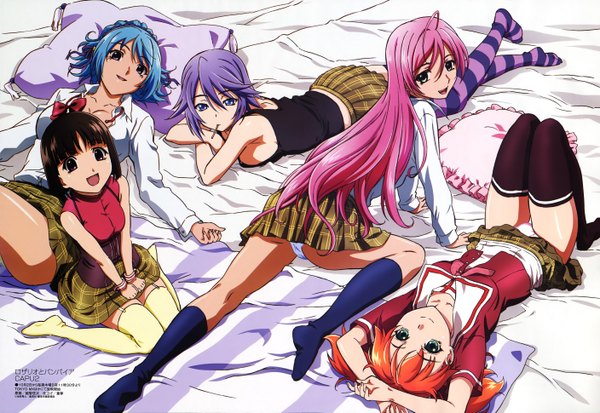 Anime picture 5629x3877 with rosario+vampire akashiya moka shirayuki mizore kurono kurumu sendo yukari shuzen kokoa highres light erotic cleavage underwear panties pantyhose striped pantyhose