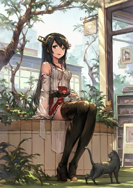 Anime picture 707x1000 with kantai collection haruna battleship kirishima battleship hiei battleship fairy (kantai collection) haoni long hair tall image open mouth black hair sitting bare shoulders brown eyes girl thighhighs hair ornament black thighhighs detached sleeves animal cat