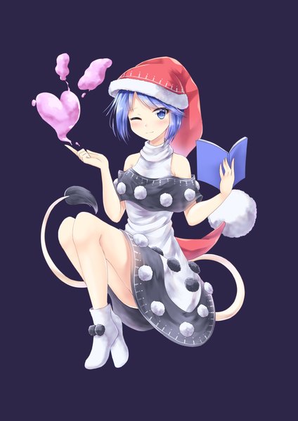 Anime picture 2480x3508 with touhou doremy sweet akiteru98 single tall image looking at viewer highres short hair blue eyes simple background smile blue hair full body bent knee (knees) tail one eye closed purple background girl dress hat