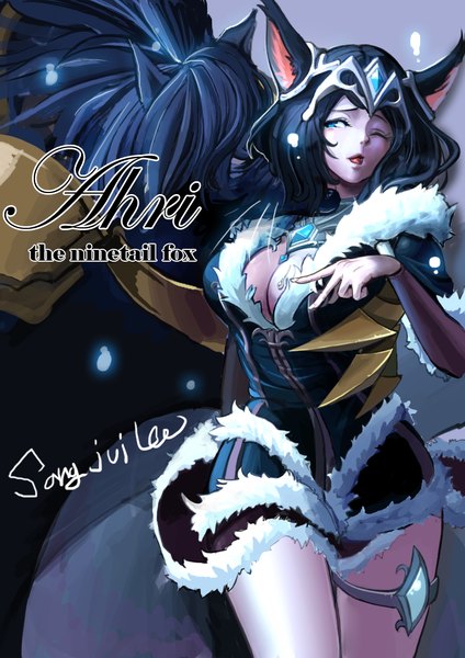 Anime picture 827x1169 with league of legends ahri (league of legends) sangjui lee (artist) single long hair tall image blush blue eyes light erotic black hair one eye closed wink fox girl girl hair ornament