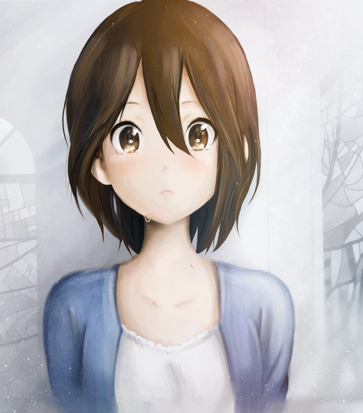 Anime picture 1167x1326 with kokoro connect silver link inaba himeko shironosora single tall image looking at viewer fringe short hair brown hair brown eyes tears close-up crying girl