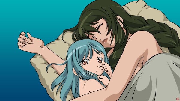 Anime picture 1920x1080 with simoun rimone dominura long hair highres light erotic wide image green hair no bra shoujo ai sleeping vector