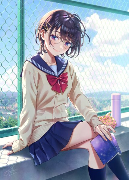 Anime picture 1191x1670 with original morikura en single tall image looking at viewer blush fringe short hair smile hair between eyes brown hair sitting purple eyes holding signed sky cloud (clouds) outdoors long sleeves arm support