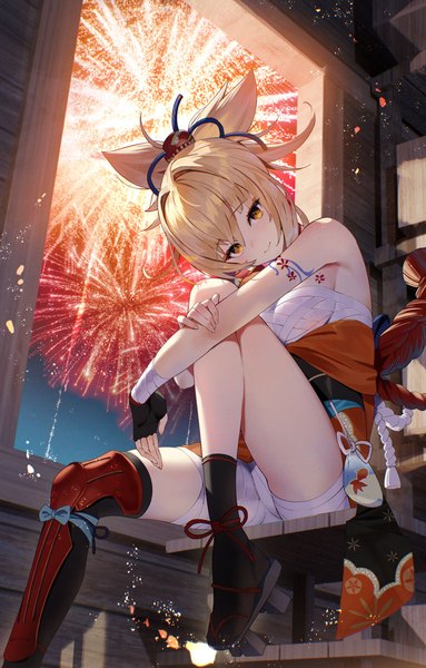 Anime picture 767x1200 with genshin impact yoimiya (genshin impact) scottie (phantom2) single tall image looking at viewer fringe short hair breasts light erotic blonde hair smile hair between eyes sitting yellow eyes bent knee (knees) indoors traditional clothes head tilt japanese clothes