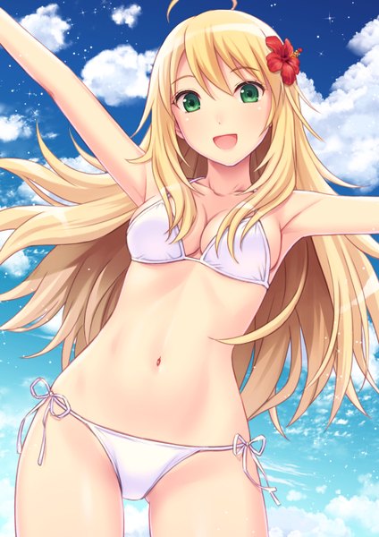 Anime picture 1000x1415 with idolmaster hoshii miki n.g. single long hair tall image blush breasts open mouth light erotic blonde hair green eyes sky cloud (clouds) girl navel swimsuit bikini white bikini