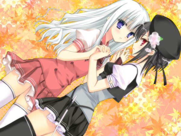 Anime picture 1600x1200 with kitto, sumiwataru asairo yori mo (game) kumigami hiyo waka kobuichi wallpaper shoujo ai thighhighs serafuku