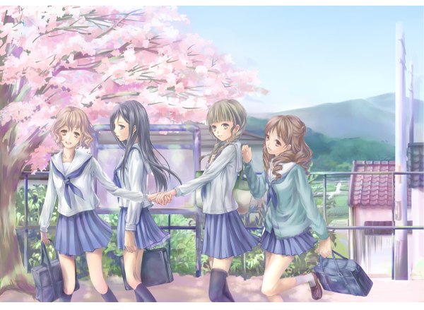 Anime picture 1200x879 with hanasaku iroha p.a. works matsumae ohana oshimizu nako tsurugi minko wakura yuina hinagaeru black hair smile brown hair multiple girls brown eyes black eyes cherry blossoms holding hands girl thighhighs black thighhighs plant (plants) socks