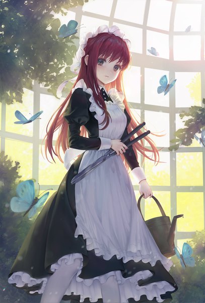 Anime picture 1426x2102 with original rwael single long hair tall image looking at viewer blush fringe breasts standing holding red hair parted lips black eyes sunlight maid puffy sleeves frilled dress girl dress
