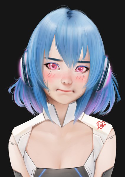 Anime-Bild 1920x2716 mit original alpha (acerailgun) jubi (regiana) single tall image looking at viewer blush fringe highres short hair simple background signed blue hair pink eyes dark background pout borrowed character robot joints girl android