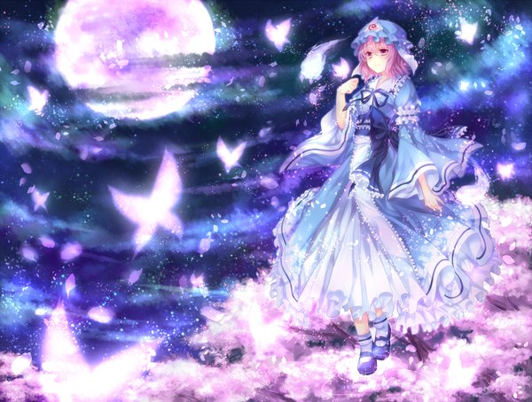 Anime picture 1700x1287 with touhou saigyouji yuyuko yuuna minato single highres short hair pink hair full body pink eyes girl dress insect butterfly moon bonnet