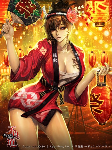 Anime picture 1600x2133 with furyou michi ~gang road~ original xaxak single long hair tall image looking at viewer breasts open mouth light erotic red eyes brown hair large breasts cleavage parted lips japanese clothes hair flower lips inscription mole