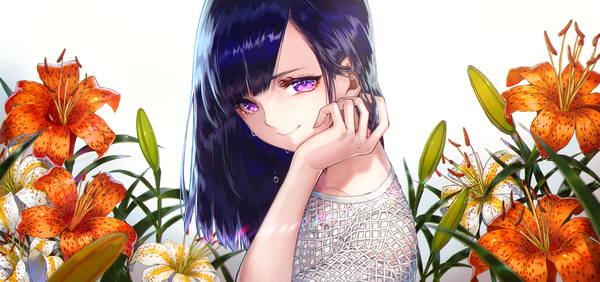 Anime-Bild 3854x1812 mit original mito itsuki single long hair looking at viewer fringe highres simple background smile wide image purple eyes blue hair upper body tears gradient background crying hand on cheek fishnet girl flower (flowers)