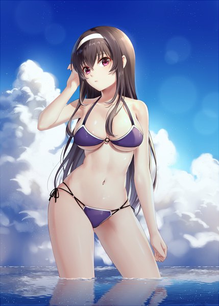 Anime picture 1000x1399 with saenai heroine no sodatekata a-1 pictures kasumigaoka utaha haneru single long hair tall image looking at viewer fringe breasts light erotic hair between eyes brown hair large breasts standing sky cloud (clouds) pink eyes :o partially submerged