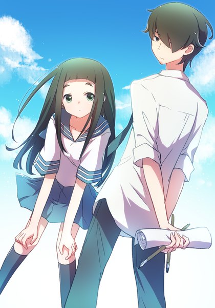 Anime picture 2811x4015 with kakushigoto goto hime goto kakushi nyaa (nnekoron) long hair tall image looking at viewer fringe highres short hair black hair holding sky cloud (clouds) looking back hair over one eye leaning leaning forward father and daughter girl