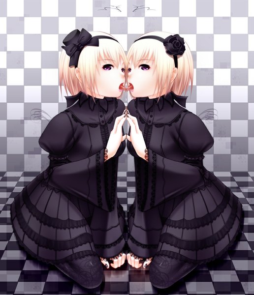 Anime picture 860x1000 with the king of fighters snk ninon beart shokuyou mogura tall image short hair blonde hair purple eyes checkered floor kiss licking goth-loli checkered background french kiss girl dress hat hairband tongue black dress