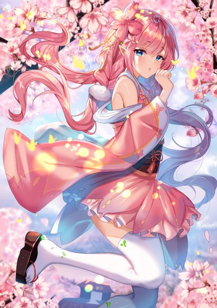 Anime picture 4341x6140 with onmyoji shanguier single long hair tall image looking at viewer blush fringe highres open mouth blue eyes standing pink hair absurdres outdoors braid (braids) traditional clothes japanese clothes hair flower wind