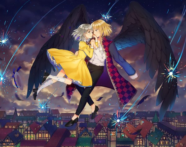 Anime picture 1600x1267 with howl's moving castle studio ghibli howl sophie hatter dangmill blush fringe short hair blue eyes blonde hair cloud (clouds) bent knee (knees) from above grey hair night puffy sleeves city holding hands happy cityscape