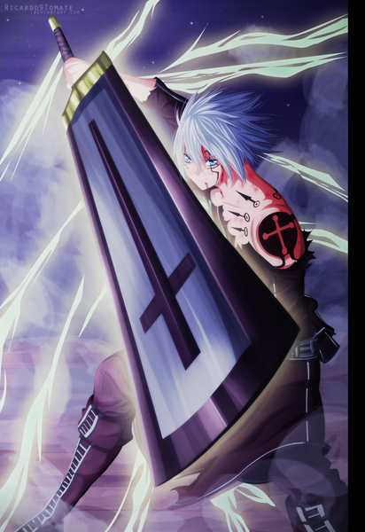 Anime picture 2000x2909 with d.gray-man allen walker ric9duran single tall image highres short hair blue eyes silver hair tattoo night sky coloring torn clothes facial mark boy weapon blood star (stars) huge weapon huge sword