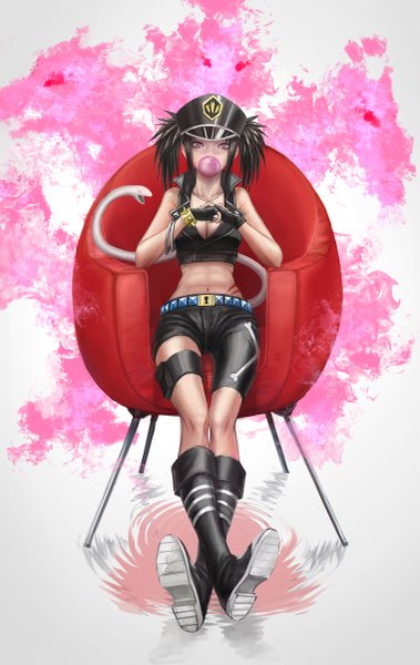 Anime picture 759x1200 with blood lad brains base (studio) beros (blood lad) infukun single tall image looking at viewer blush short hair breasts black hair sitting purple eyes twintails cleavage lips tattoo crossed legs short twintails muscle