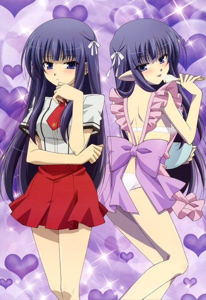 Anime picture 4095x5948 with baka to test to shoukanjuu nyantype silver link kirishima shouko ooshima miwa long hair tall image looking at viewer blush highres light erotic absurdres purple hair looking back pointy ears scan official art dual persona nearly naked apron girl