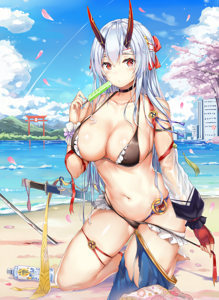 Anime picture 2104x2880 with fate (series) fate/grand order tomoe gozen (fate) kiriko (araragikoyomi) single long hair tall image looking at viewer blush fringe highres breasts light erotic hair between eyes red eyes large breasts bare shoulders holding sky cleavage