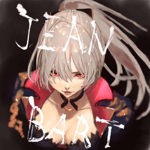 Anime picture 1000x1000 with azur lane jean bart (azur lane) kdm (ke dama) single long hair looking at viewer fringe breasts light erotic simple background hair between eyes red eyes payot silver hair upper body ponytail parted lips from above open clothes character names