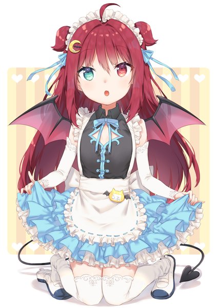 Anime picture 983x1388 with virtual youtuber nijisanji yuzuki roa otou mamayo single long hair tall image looking at viewer fringe open mouth hair between eyes full body red hair tail :o two side up heterochromia kneeling demon tail demon wings
