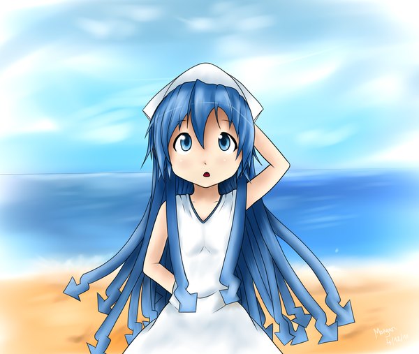 Anime picture 1280x1083 with shinryaku! ika musume ika musume single long hair open mouth blue eyes signed blue hair beach girl dress hat