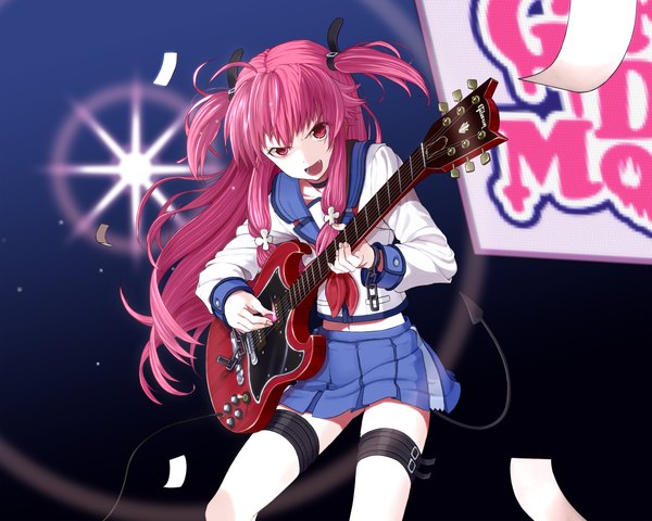 Anime picture 1200x960 with angel beats! key (studio) yui (angel beats!) tt (poposujp) long hair open mouth red eyes pink hair two side up demon tail girl skirt miniskirt serafuku chain musical instrument guitar paper handcuffs