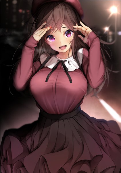 Anime picture 2460x3502 with original fay (fay axl) single long hair tall image blush fringe highres breasts open mouth brown hair large breasts standing purple eyes outdoors long sleeves nail polish head tilt :d pleated skirt
