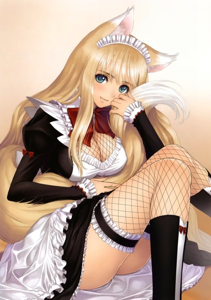 Anime picture 3290x4667 with shining (series) shining hearts lorna (shining hearts) tony taka single long hair tall image looking at viewer highres blue eyes light erotic blonde hair sitting absurdres maid fox ears fox tail fox girl girl thighhighs