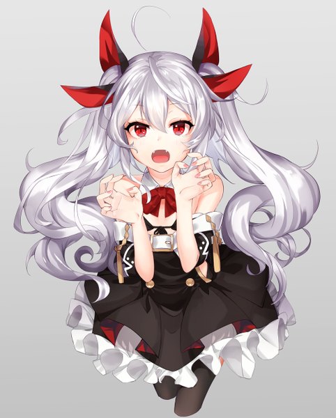 Anime picture 1000x1244 with azur lane vampire (azur lane) masoo single long hair tall image looking at viewer blush fringe open mouth light erotic simple background hair between eyes red eyes standing bare shoulders silver hair ahoge nail polish fingernails