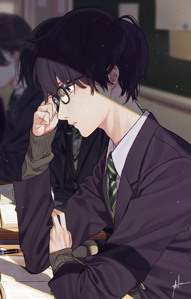 Anime picture 1600x2500 with original aiko (aiko 54) tall image short hair black hair sitting signed looking away profile black eyes blurry shadow depth of field solo focus classroom boy uniform school uniform glasses necktie
