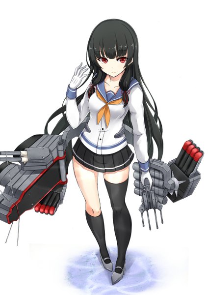 Anime picture 1012x1432 with kantai collection isokaze destroyer asya single long hair tall image fringe black hair simple background red eyes standing white background twintails looking away pleated skirt from above tress ribbon asymmetrical clothes girl thighhighs