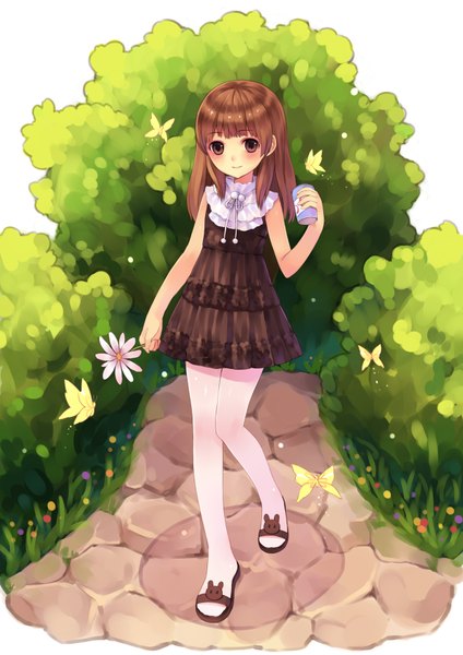 Anime picture 2480x3507 with original tsubasa tsubasa single long hair tall image blush highres brown hair brown eyes girl dress flower (flowers) insect butterfly