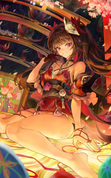 Anime picture 1500x2400 with honkai: star rail honkai (series) sparkle (honkai: star rail) uli (bredkgod) single long hair tall image looking at viewer fringe breasts light erotic smile brown hair sitting purple eyes twintails bare shoulders payot blunt bangs nail polish