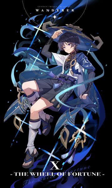 Anime picture 3280x5495 with genshin impact scaramouche (genshin impact) wanderer (genshin impact) yolanda single tall image highres short hair black hair purple eyes absurdres full body character names black background looking down boy hat shorts tassel tarot