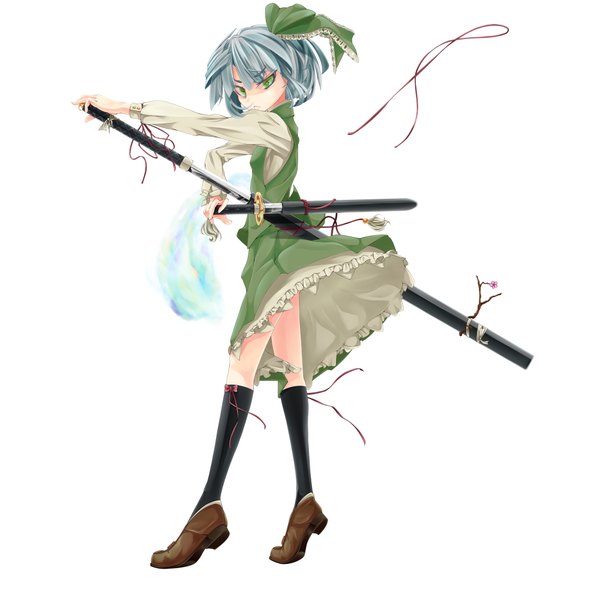 Anime picture 2000x2000 with touhou konpaku youmu myon ilis (artist) single highres short hair simple background white background green eyes silver hair girl dress ribbon (ribbons) weapon sword socks katana black socks