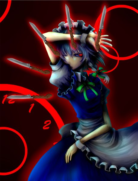 Anime picture 1250x1637 with touhou izayoi sakuya am24 single tall image fringe short hair red eyes blue hair braid (braids) hair over one eye maid twin braids red background girl weapon apron knife dagger