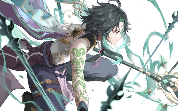 Anime picture 2048x1280 with genshin impact xiao (genshin impact) arane (lolitwin) single highres short hair black hair yellow eyes looking away ahoge profile multicolored hair tattoo colored inner hair forehead mark boy weapon spear