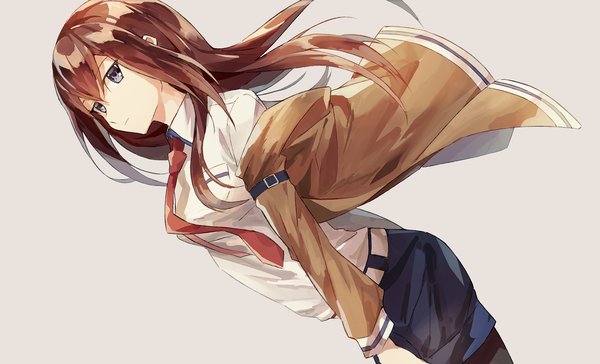 Anime picture 1400x851 with steins;gate white fox makise kurisu k-me single long hair fringe simple background hair between eyes brown hair wide image wind grey background grey eyes girl necktie