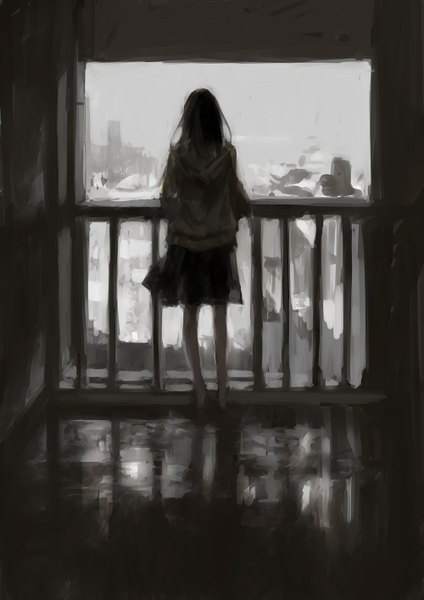 Anime picture 1000x1414 with original tsubu mikan single long hair tall image black hair barefoot from behind back monochrome drawing girl skirt hood hoodie railing