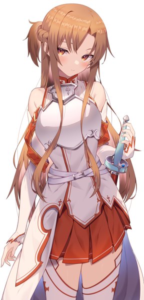Anime picture 2206x4600 with sword art online a-1 pictures yuuki asuna jun (aousa0328) single long hair tall image looking at viewer blush fringe highres simple background smile brown hair standing white background bare shoulders brown eyes payot braid (braids)