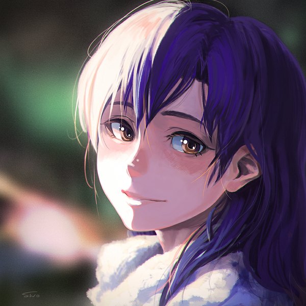 Anime picture 900x900 with idolmaster kisaragi chihaya mozuk single long hair looking at viewer fringe smile brown eyes purple hair sunlight close-up girl