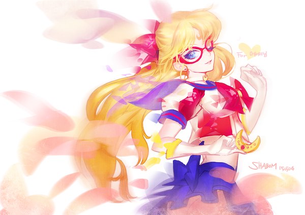Anime picture 1200x849 with bishoujo senshi sailor moon toei animation aino minako sailor venus shabomu single long hair looking at viewer fringe blue eyes simple background blonde hair smile standing white background holding signed parted lips one eye closed wink