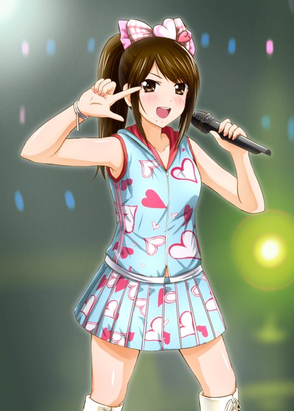 Anime picture 755x1056 with real life mizuki nana diesel-turbo single long hair tall image looking at viewer blush open mouth brown hair brown eyes ponytail heart print girl dress bow hair bow heart microphone