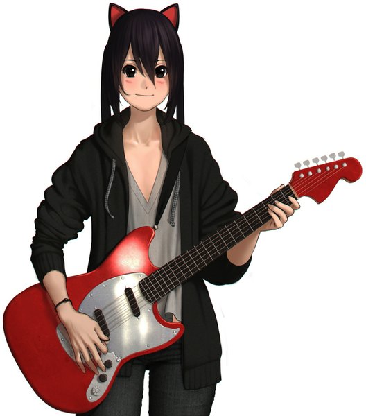 Anime picture 1300x1476 with k-on! kyoto animation nakano azusa revolmxd single long hair tall image looking at viewer black hair simple background white background animal ears black eyes cat ears casual girl jacket bracelet pants guitar